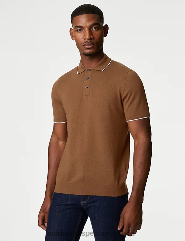 Marks and Spencer sale - Men Caramel Clothing Marks & Spencer Cotton Rich Short Sleeve Knitted Polo Shirt 20VTD6687