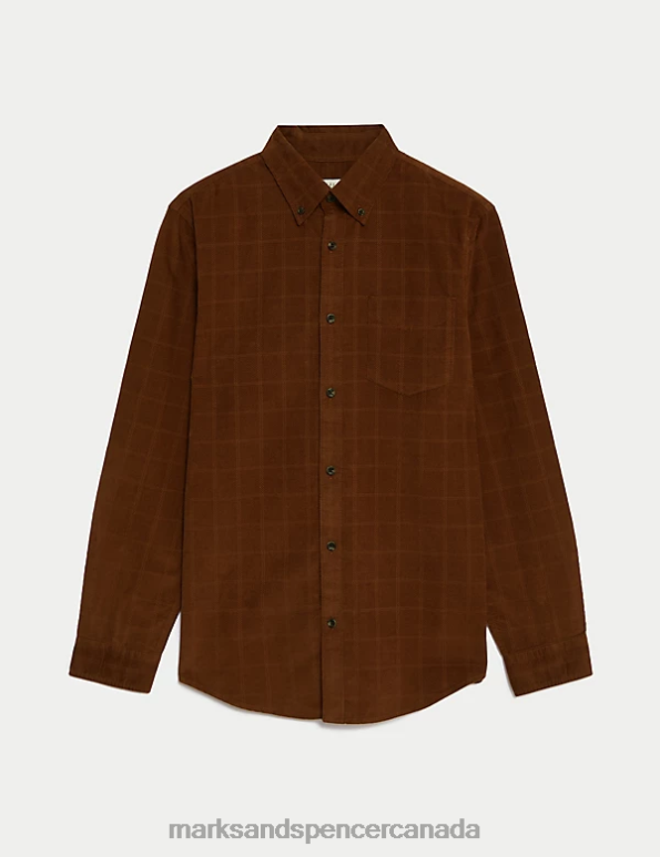 Marks and Spencer Canada - Men Caramel Clothing Marks & Spencer Pure Cotton Corduroy Check Shirt 20VTD7019