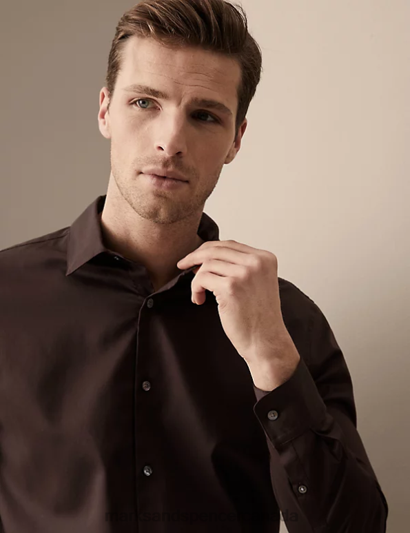 Men Chocolate Clothing Marks & Spencer Regular Fit Silk Blend Shirt 20VTD6473 - Marks and Spencer online