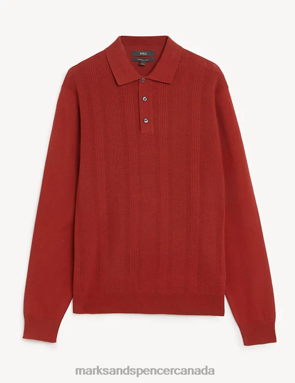 Men Copper Tan Clothing Marks & Spencer Cotton Rich Textured Knitted Polo Shirt 20VTD6219 - Marks and Spencer Canada locations