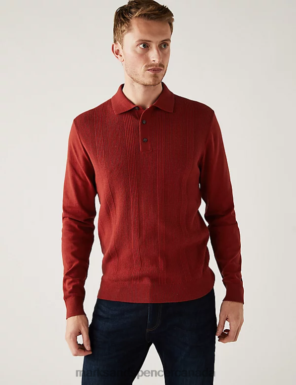 Men Copper Tan Clothing Marks & Spencer Cotton Rich Textured Knitted Polo Shirt 20VTD6219 - Marks and Spencer Canada locations