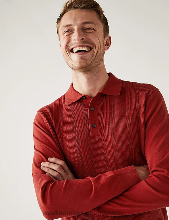 Men Copper Tan Clothing Marks & Spencer Cotton Rich Textured Knitted Polo Shirt 20VTD6219 - Marks and Spencer Canada locations