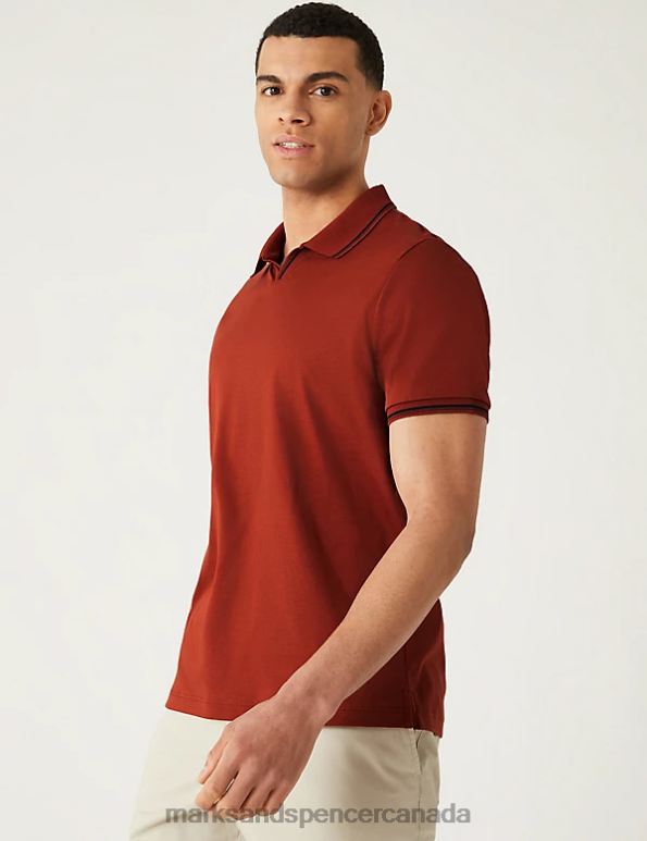 Men Copper Tan Clothing Marks & Spencer Pure Cotton Tipped Polo Shirt 20VTD6603 - Marks and Spencer Canada locations
