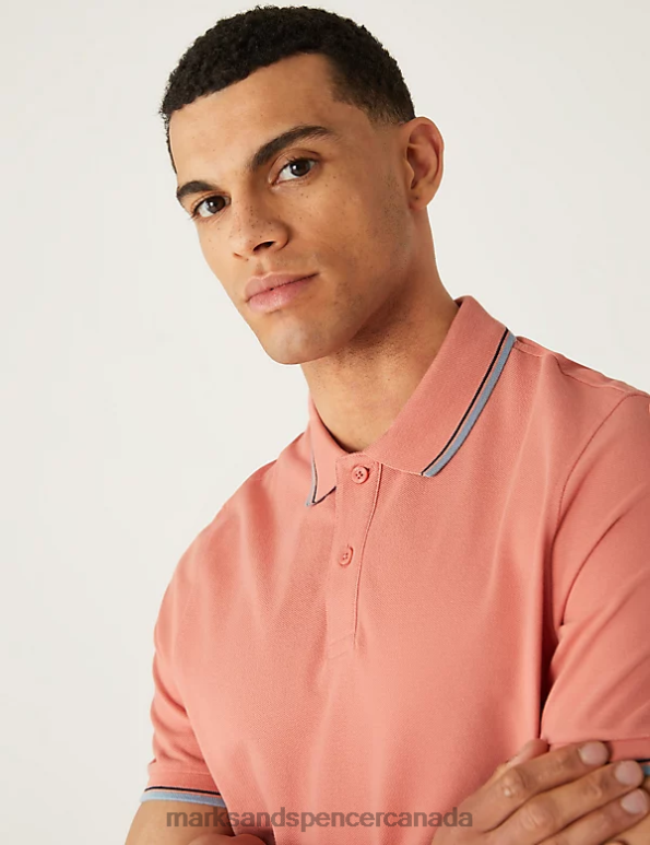 Marks and Spencer sale - Men Coral Clothing Marks & Spencer Pure Cotton Pique Tipped Polo Shirt 20VTD4756