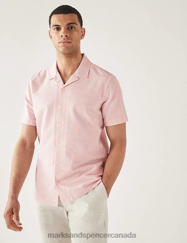 Men Coral Mix Clothing Marks & Spencer Pure Cotton Seersucker Cuban Collar Shirt 20VTD6185 - Marks and Spencer outlet