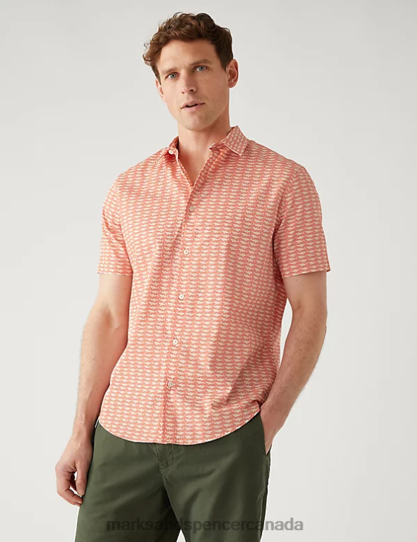 Marks and Spencer Canada - Men Coral Mix Clothing Marks & Spencer Pure Cotton Shark Print Shirt 20VTD5213