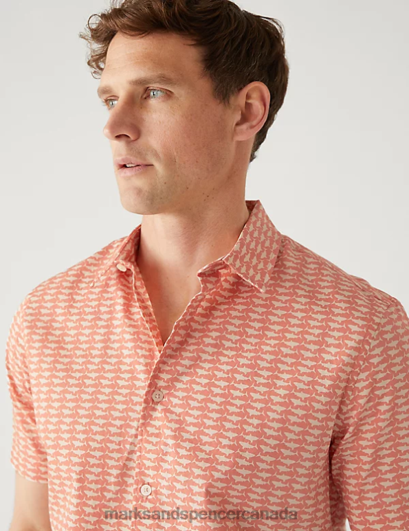 Marks and Spencer Canada - Men Coral Mix Clothing Marks & Spencer Pure Cotton Shark Print Shirt 20VTD5213