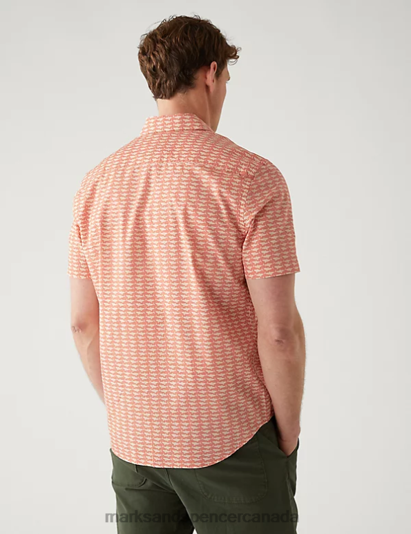 Marks and Spencer Canada - Men Coral Mix Clothing Marks & Spencer Pure Cotton Shark Print Shirt 20VTD5213