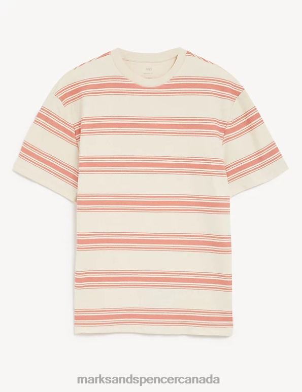 Marks and Spencer Canada - Men Coral Mix Clothing Marks & Spencer Relaxed Fit Pure Cotton Striped T-Shirt 20VTD5713