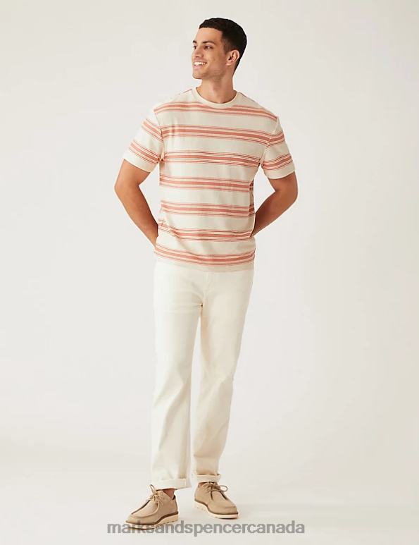 Marks and Spencer Canada - Men Coral Mix Clothing Marks & Spencer Relaxed Fit Pure Cotton Striped T-Shirt 20VTD5713