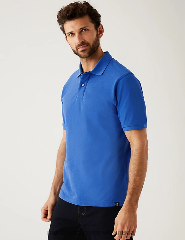 Men Cornflower Clothing Marks & Spencer Pure Cotton Pique Polo Shirt 20VTD204 - Marks and Spencer Canada locations