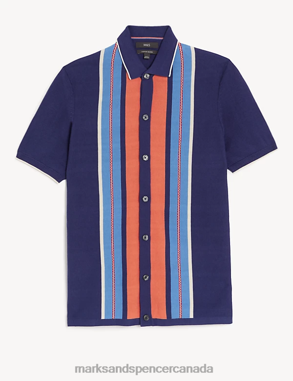 Men Dark Blue Mix Clothing Marks & Spencer Cotton Modal Striped Knitted Polo Shirt 20VTD4864 - Marks and Spencer Canada locations