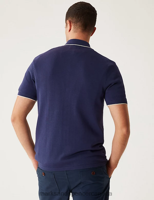 Men Dark Blue Mix Clothing Marks & Spencer Cotton Modal Striped Knitted Polo Shirt 20VTD4864 - Marks and Spencer Canada locations