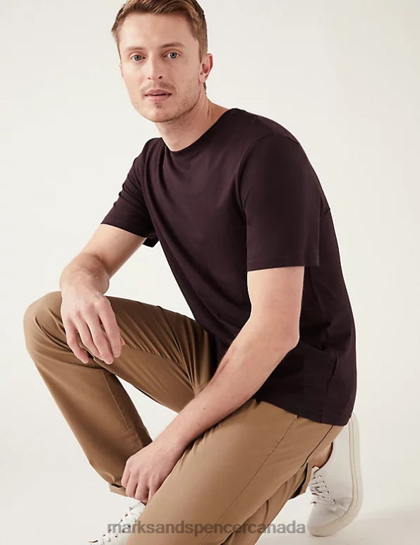 Men Dark Burgundy Clothing Marks & Spencer Pure Cotton Crew Neck T-Shirt 20VTD143 - Marks and Spencer online