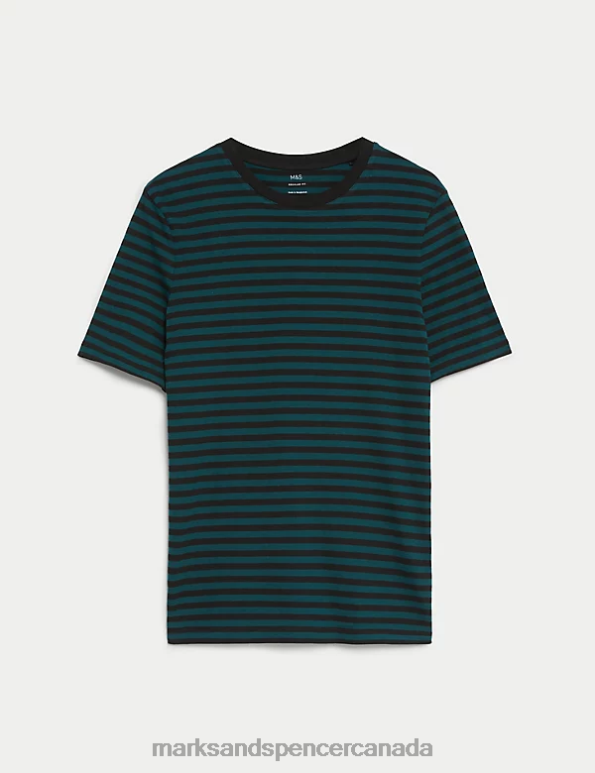 Men Dark Evergreen Clothing Marks & Spencer Pure Cotton Striped T-Shirt 20VTD6785 - Marks and Spencer online