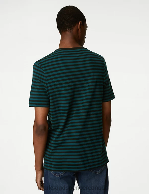 Men Dark Evergreen Clothing Marks & Spencer Pure Cotton Striped T-Shirt 20VTD6785 - Marks and Spencer online