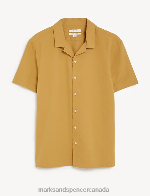 Men Dark Gold Clothing Marks & Spencer Pure Cotton Seersucker Cuban Collar Shirt 20VTD6969 - Marks and Spencer Canada locations
