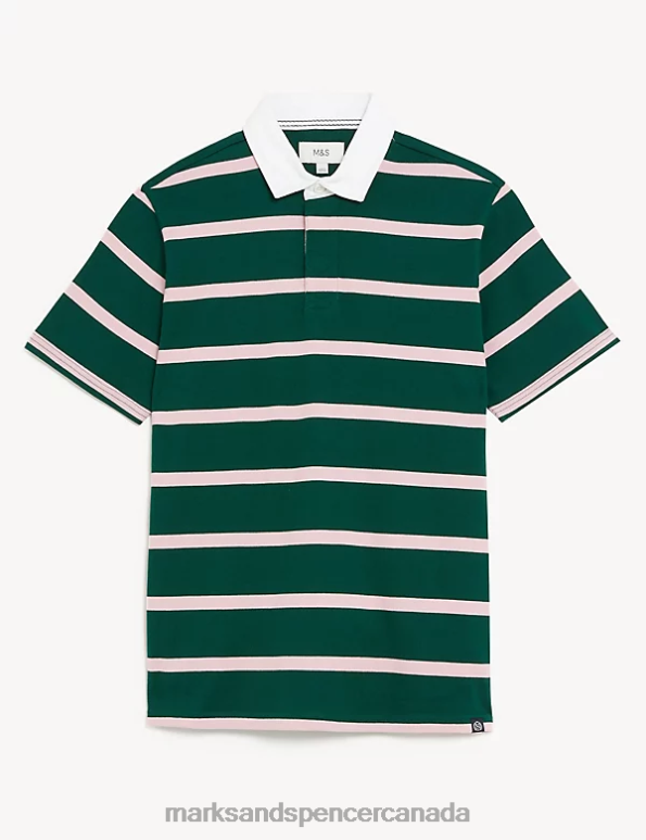 Marks and Spencer Canada - Men Dark Green Clothing Marks & Spencer Pure Cotton Striped Rugby Shirt 20VTD6324