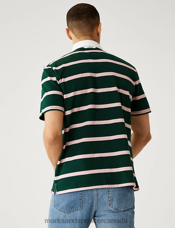Marks and Spencer Canada - Men Dark Green Clothing Marks & Spencer Pure Cotton Striped Rugby Shirt 20VTD6324