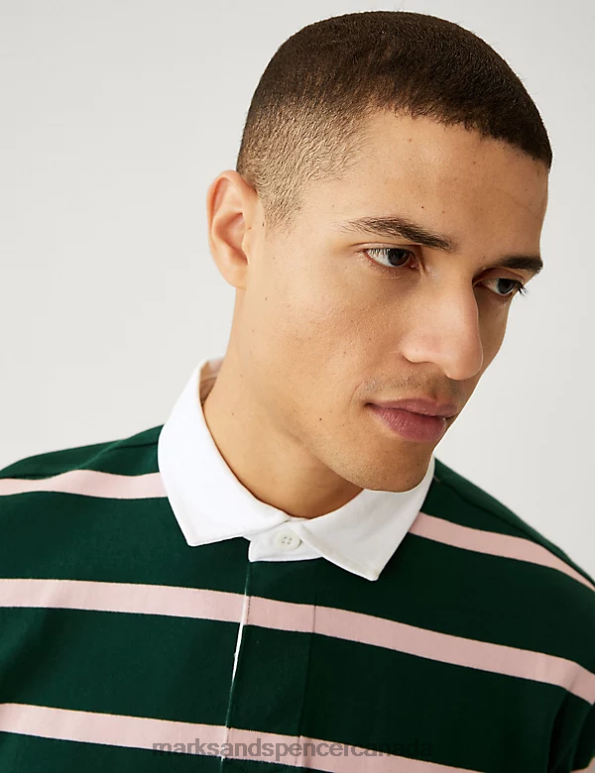Marks and Spencer Canada - Men Dark Green Clothing Marks & Spencer Pure Cotton Striped Rugby Shirt 20VTD6324