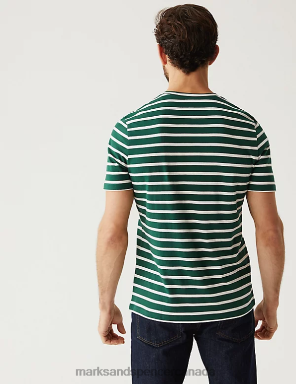 Men Dark Green Clothing Marks & Spencer Pure Cotton Striped T-Shirt 20VTD5597 - Marks and Spencer Canada locations