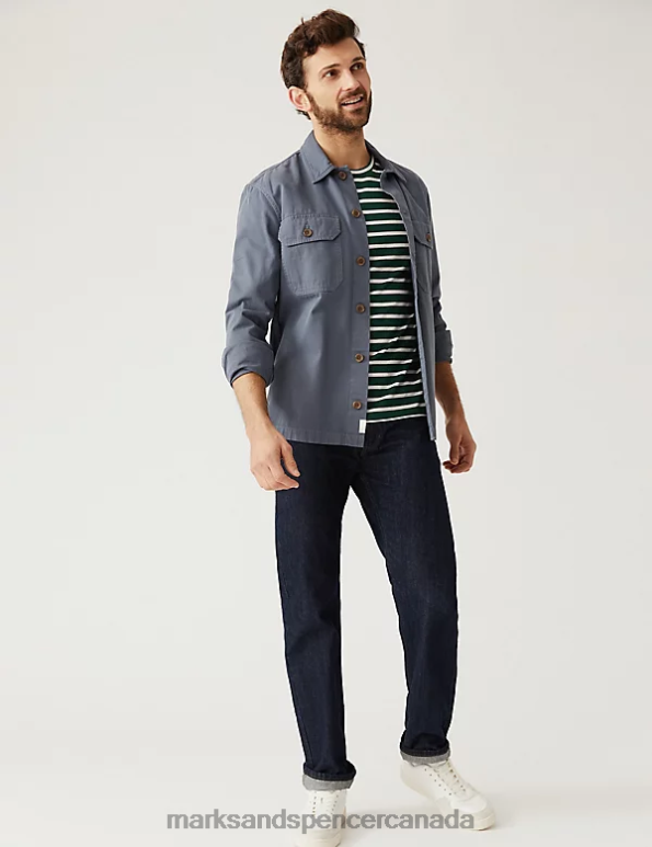 Men Dark Green Clothing Marks & Spencer Pure Cotton Striped T-Shirt 20VTD5597 - Marks and Spencer Canada locations