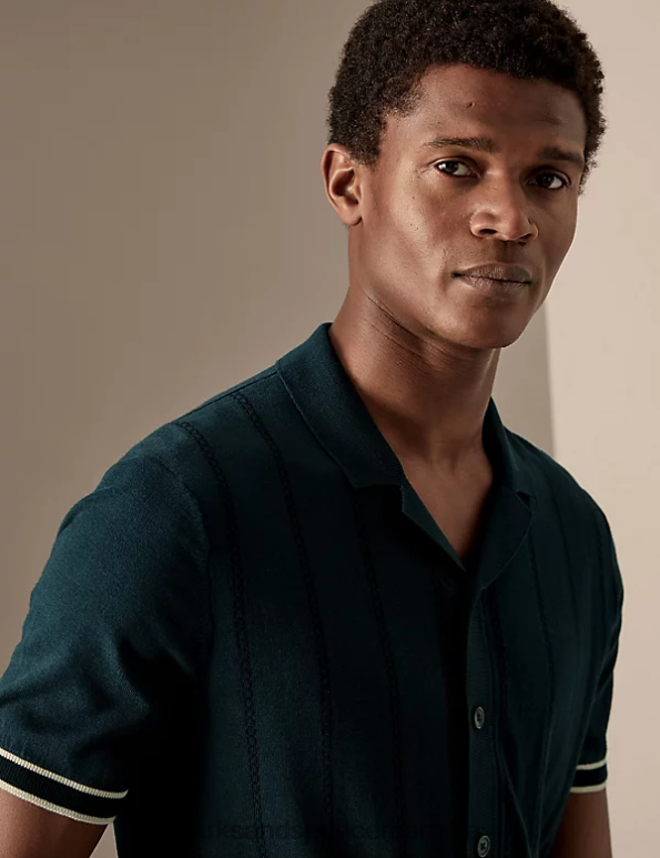 Men Dark Ink Clothing Marks & Spencer Cotton Rich Striped Knitted Polo Shirt 20VTD4795 - Marks and Spencer outlet