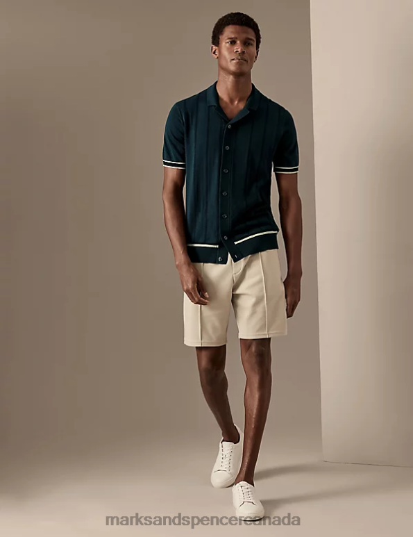 Men Dark Ink Clothing Marks & Spencer Cotton Rich Striped Knitted Polo Shirt 20VTD4795 - Marks and Spencer outlet