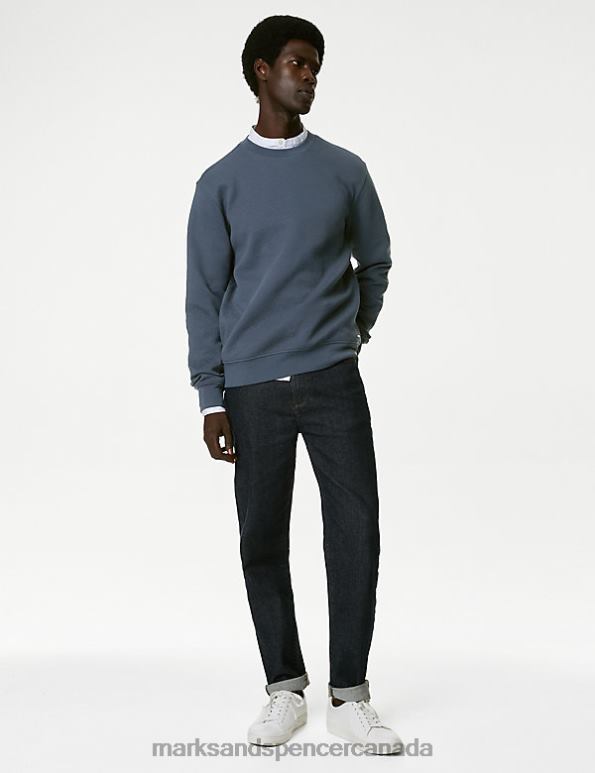 Men Dark Ink Clothing Marks & Spencer Cotton Rich Textured Crewneck Sweatshirt 20VTD7217 - Marks and Spencer online