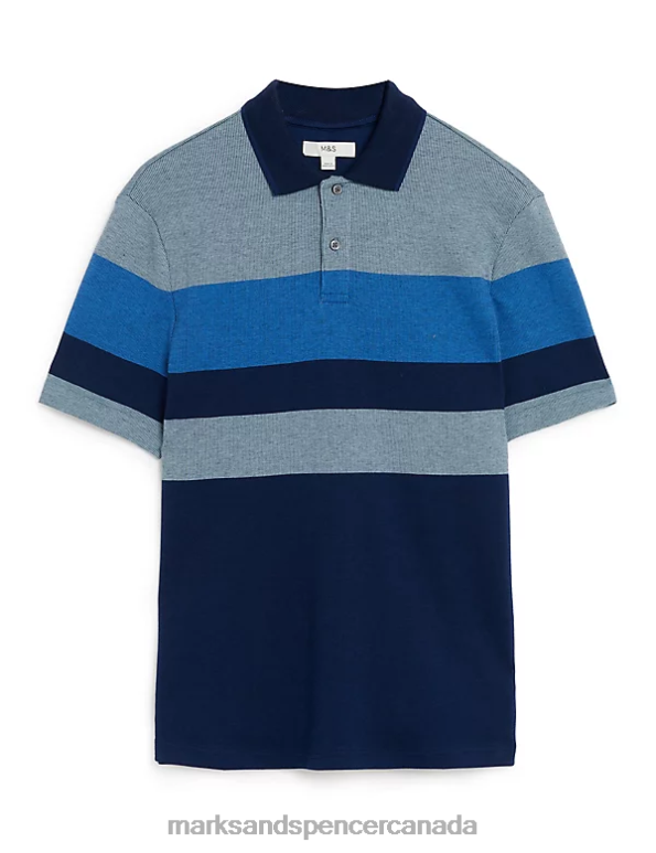 Marks and Spencer near me - Men Dark Ink Clothing Marks & Spencer Pure Cotton Double Knit Striped Polo Shirt 20VTD5664