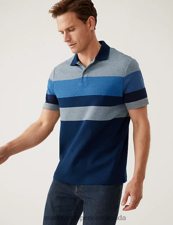 Marks and Spencer near me - Men Dark Ink Clothing Marks & Spencer Pure Cotton Double Knit Striped Polo Shirt 20VTD5664