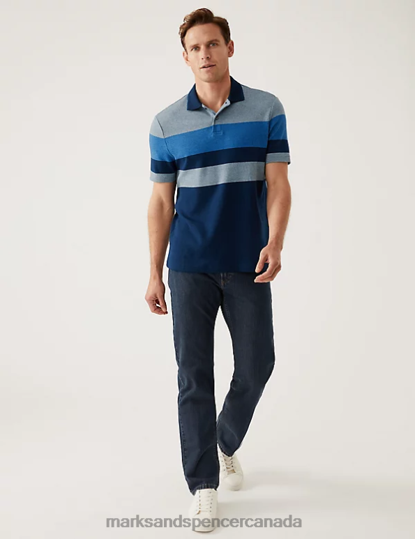 Marks and Spencer near me - Men Dark Ink Clothing Marks & Spencer Pure Cotton Double Knit Striped Polo Shirt 20VTD5664