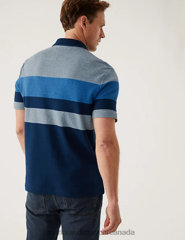Marks and Spencer near me - Men Dark Ink Clothing Marks & Spencer Pure Cotton Double Knit Striped Polo Shirt 20VTD5664