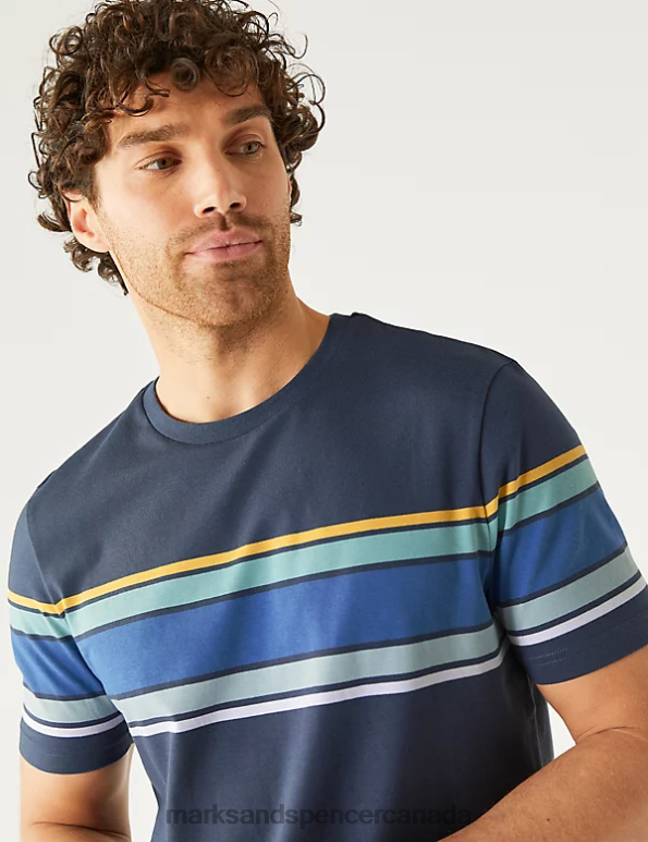 Men Dark Ink Clothing Marks & Spencer Pure Cotton Striped Crew Neck T-Shirt 20VTD5062 - Marks and Spencer Canada locations