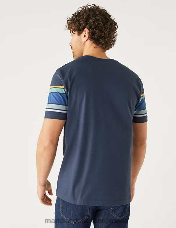 Men Dark Ink Clothing Marks & Spencer Pure Cotton Striped Crew Neck T-Shirt 20VTD5062 - Marks and Spencer Canada locations