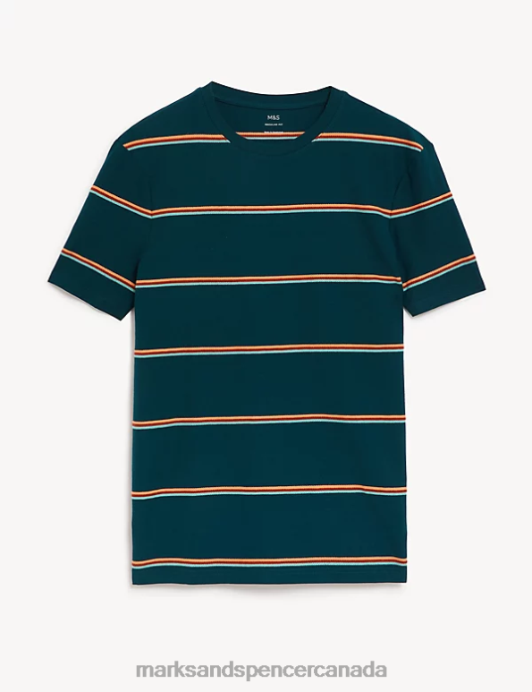 Men Dark Kingfisher Clothing Marks & Spencer Pure Cotton Textured Striped T-Shirt 20VTD6136 - Marks and Spencer outlet