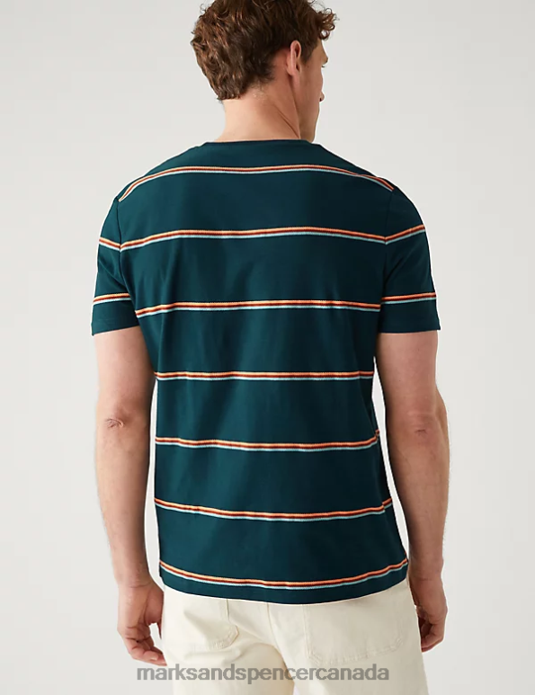 Men Dark Kingfisher Clothing Marks & Spencer Pure Cotton Textured Striped T-Shirt 20VTD6136 - Marks and Spencer outlet