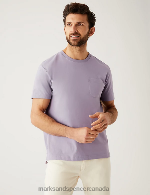 Men Dark Lilac Clothing Marks & Spencer Pure Cotton Heavyweight T-Shirt 20VTD5360 - Marks and Spencer outlet