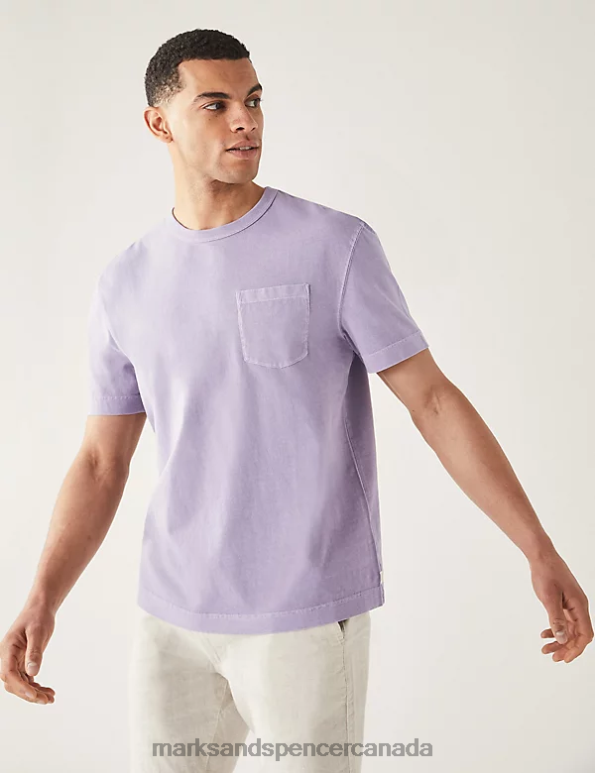 Men Dark Lilac Clothing Marks & Spencer Relaxed Fit Pure Cotton Crew Neck T-Shirt 20VTD6991 - Marks and Spencer outlet