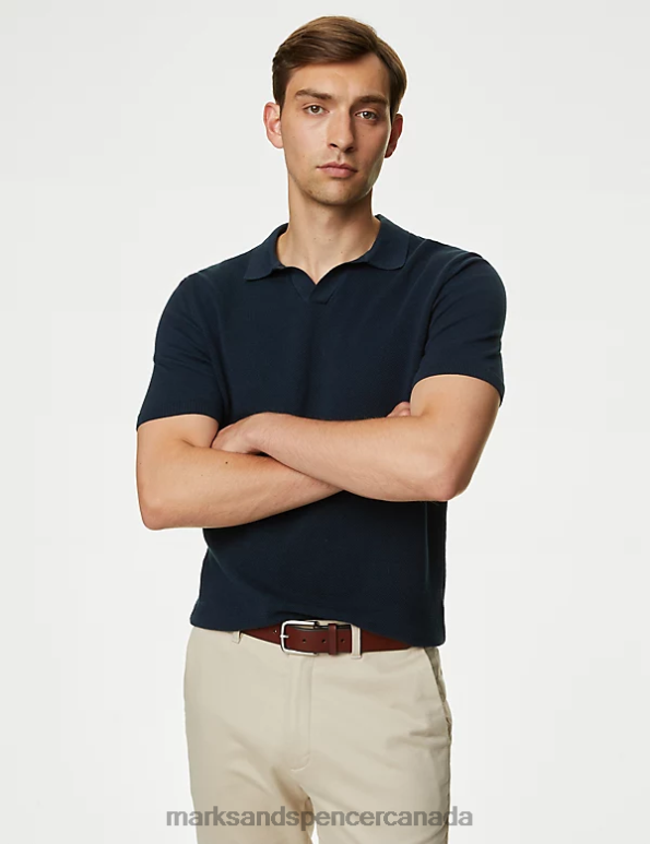 Marks and Spencer sale - Men Dark Navy Clothing Marks & Spencer Cotton Rich Open Collar Knitted Polo Shirt 20VTD7270