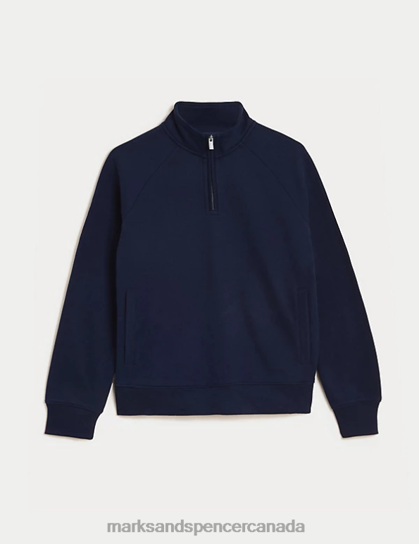 Marks and Spencer Canada - Men Dark Navy Clothing Marks & Spencer Pure Cotton Half Zip Sweatshirt 20VTD7069