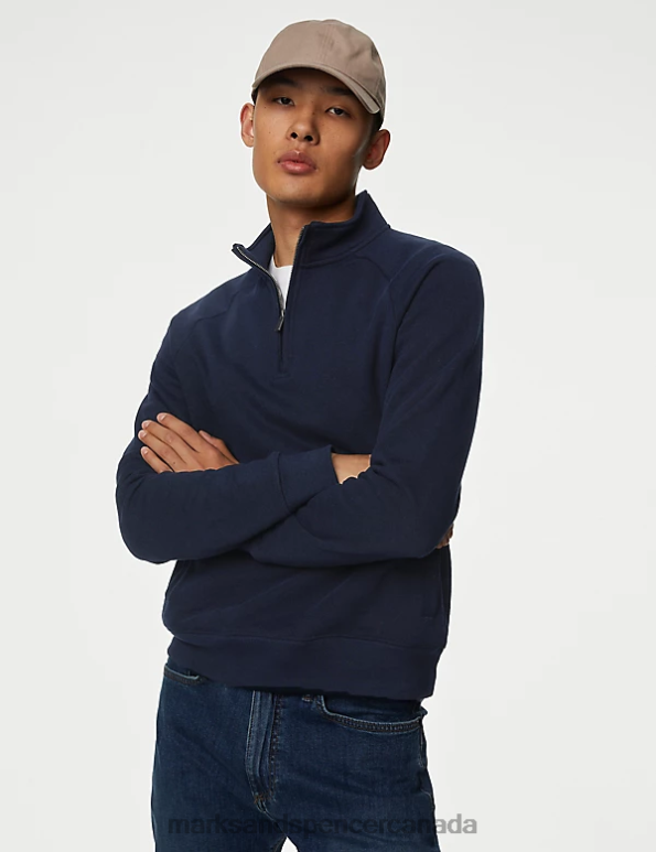Marks and Spencer Canada - Men Dark Navy Clothing Marks & Spencer Pure Cotton Half Zip Sweatshirt 20VTD7069