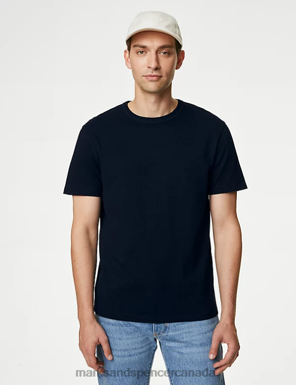 Men Dark Navy Clothing Marks & Spencer Pure Cotton Heavy Weight T-Shirt 20VTD5502 - Marks and Spencer online