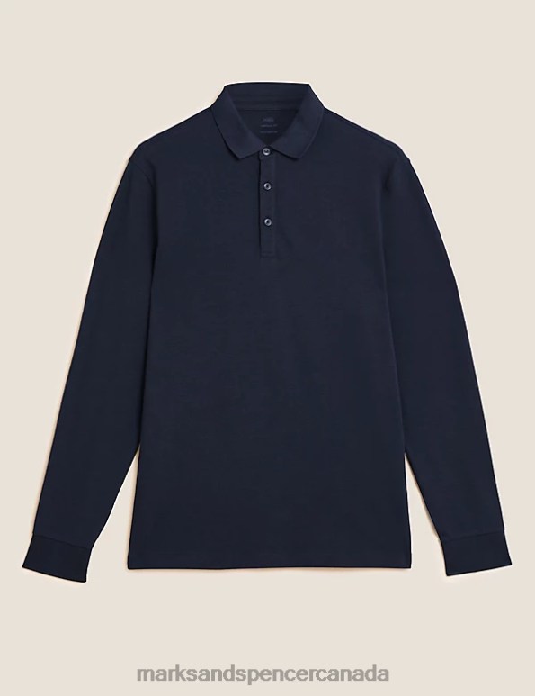 Men Dark Navy Clothing Marks & Spencer Pure Cotton Long Sleeve Polo Shirt 20VTD7047 - Marks and Spencer Canada locations