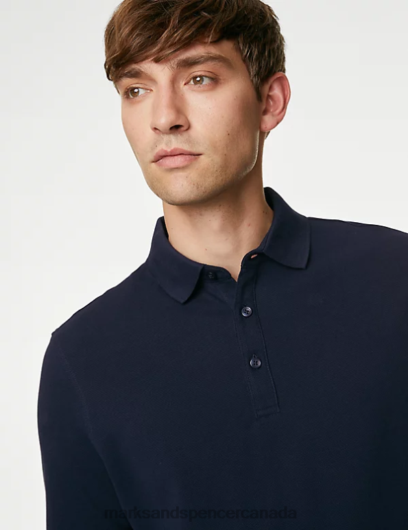 Men Dark Navy Clothing Marks & Spencer Pure Cotton Long Sleeve Polo Shirt 20VTD7047 - Marks and Spencer Canada locations