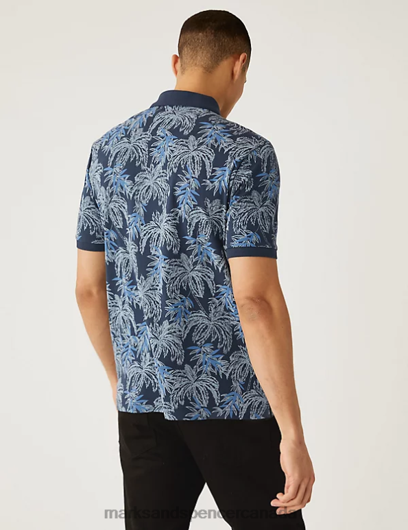 Marks and Spencer near me - Men Dark Navy Clothing Marks & Spencer Pure Cotton Palm Print Polo Shirt 20VTD6625
