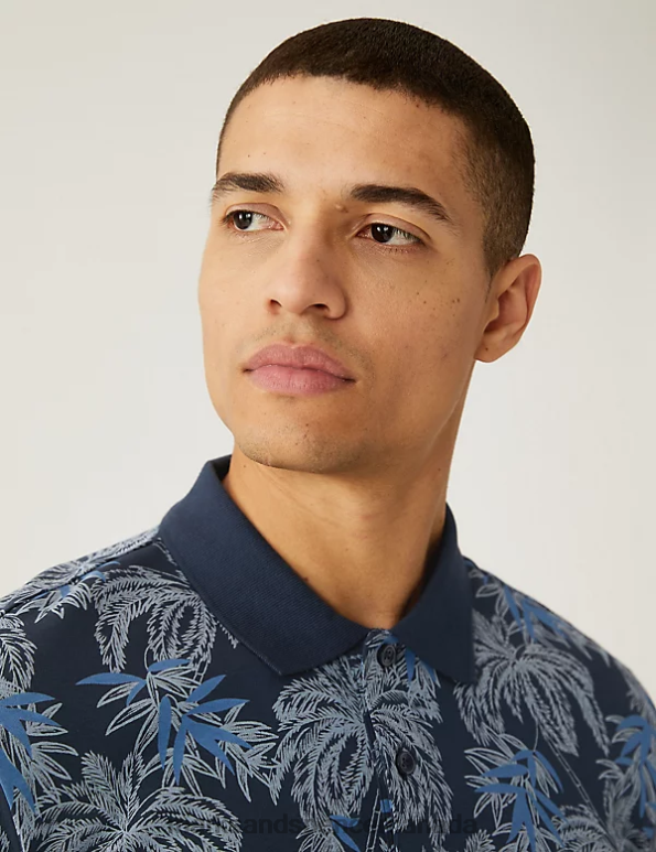 Marks and Spencer near me - Men Dark Navy Clothing Marks & Spencer Pure Cotton Palm Print Polo Shirt 20VTD6625