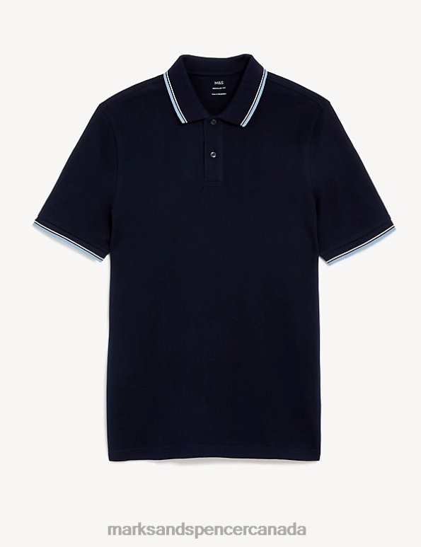 Men Dark Navy Clothing Marks & Spencer Pure Cotton Pique Tipped Polo Shirt 20VTD5057 - Marks and Spencer outlet