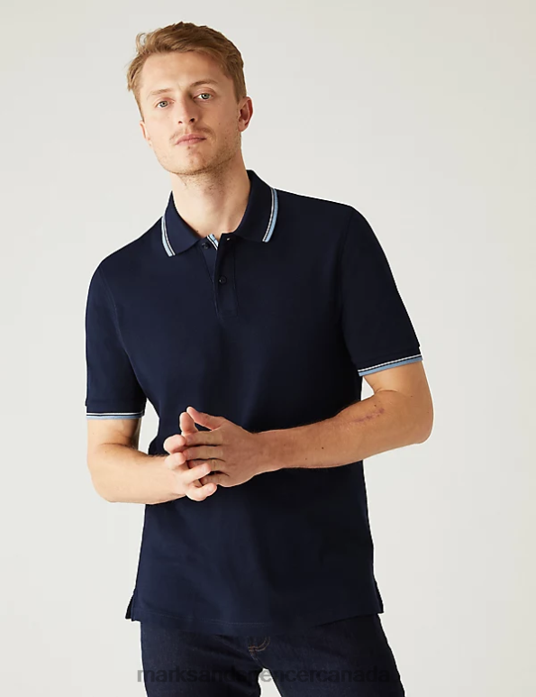 Men Dark Navy Clothing Marks & Spencer Pure Cotton Pique Tipped Polo Shirt 20VTD5057 - Marks and Spencer outlet