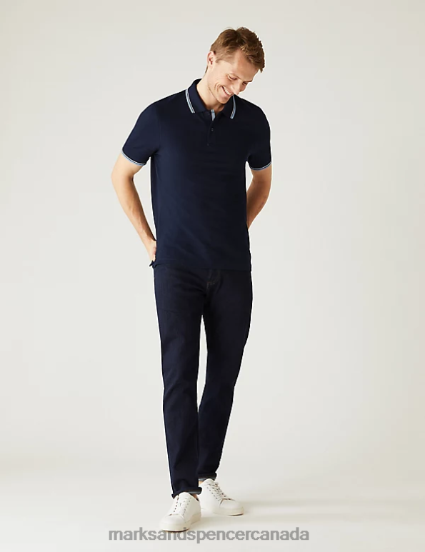 Men Dark Navy Clothing Marks & Spencer Pure Cotton Pique Tipped Polo Shirt 20VTD5057 - Marks and Spencer outlet